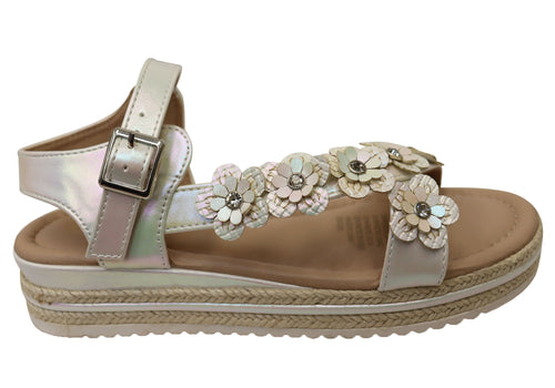 Grosby Farrah Kids Girls Comfortable Sandals White Shimmer
