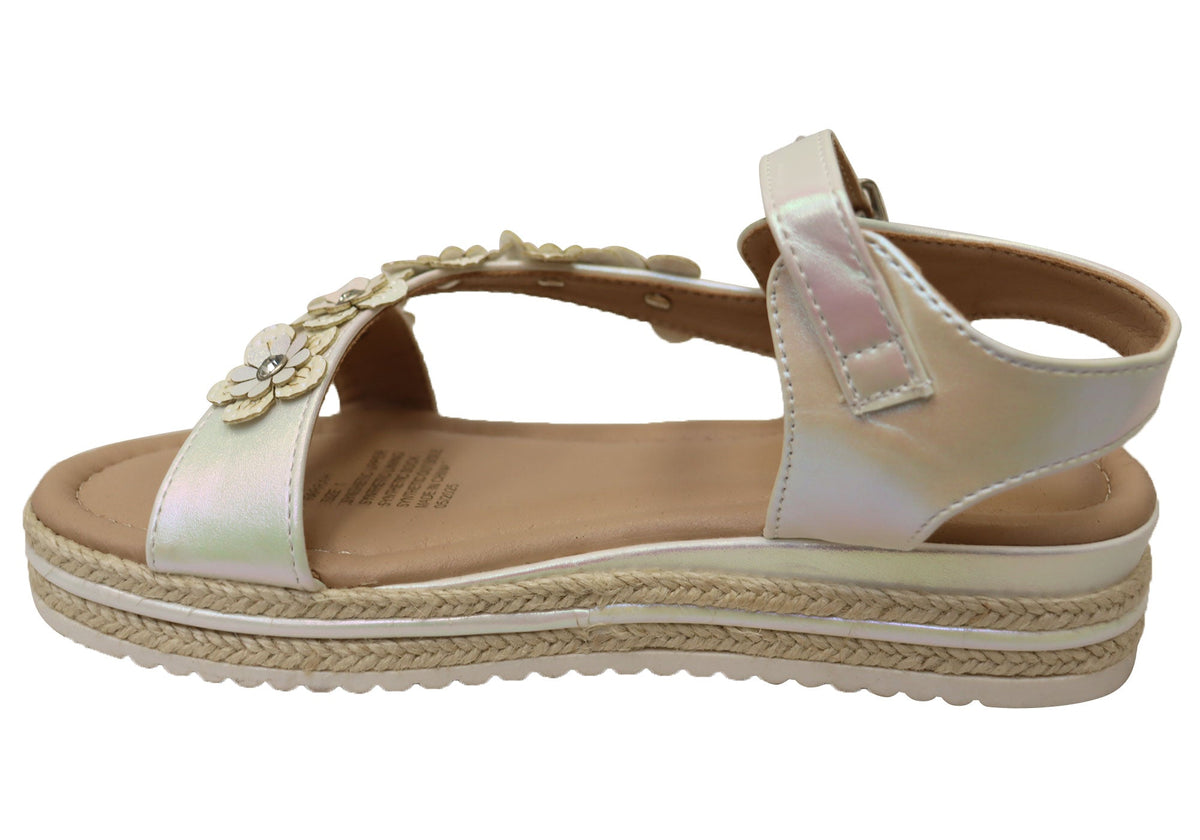 Grosby Farrah Kids Girls Comfortable Sandals White Shimmer