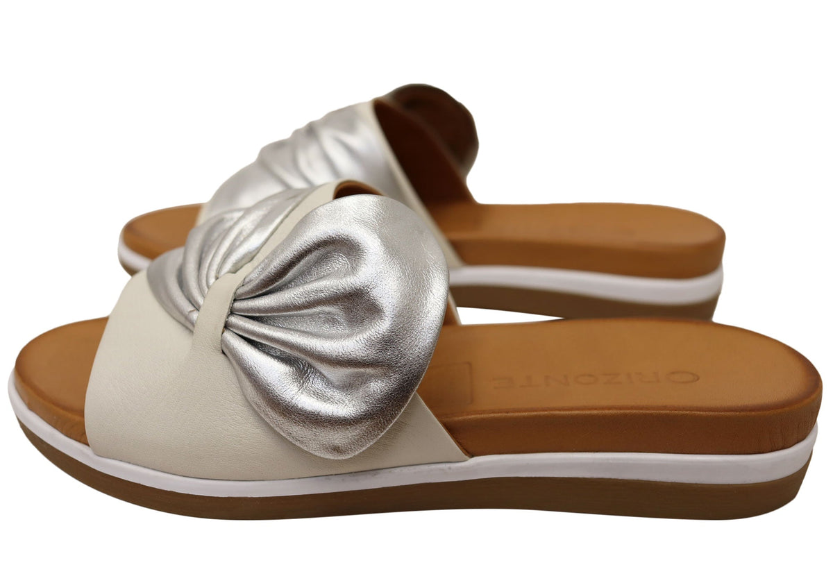 Orizonte Ribbon Womens Comfortable European Leather Slides Sandals